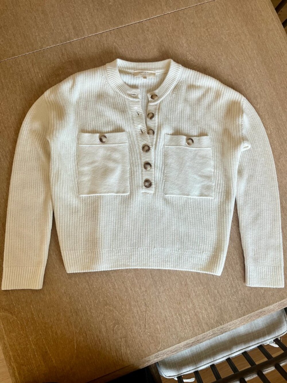 Sezane Cream Ribbed Henley Sweater with Front Pockets